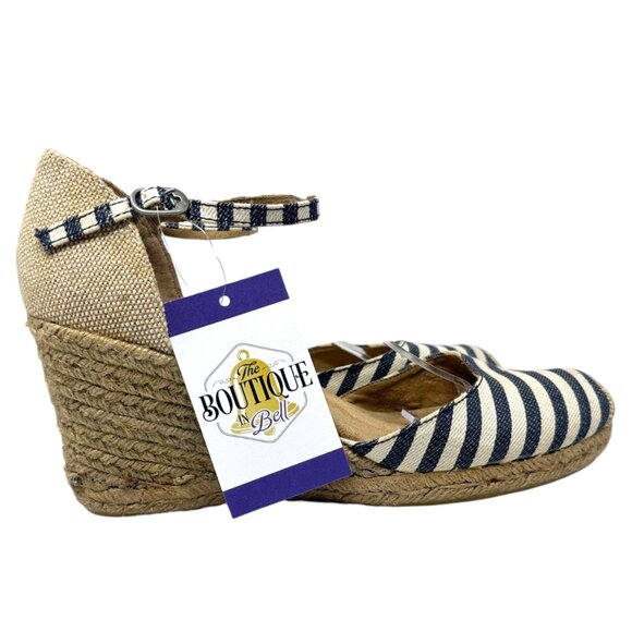 Bass Womens 10 Emelia Blue White Striped Wedge Espadrilles Slingback Heels - Picture 8 of 14